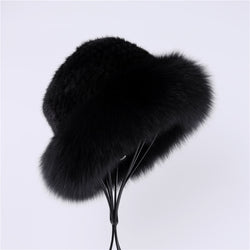 SUPPEV&amp;STTDIO Luxury Women&#39;s Winter Warm 100% Mink Fur Knitted Bucket Hat Fox Fur Trim Caps Top Beanies Hats
