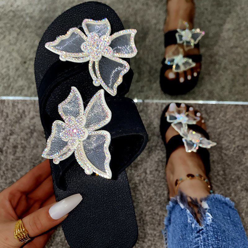 Fashion Women&#39;s Slippers Color Diamond Butterfly Flip Flops Casual Wedge Slippers Pure Slippers Personality Platform Slippers