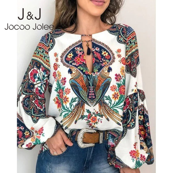 Jocoo Jolee Floral Print Lantern Sleeve Shirt 2019 Boho Blouse Sexy Lace Up Tassel O Neck Women Tops Spring Summer Chic Blouses