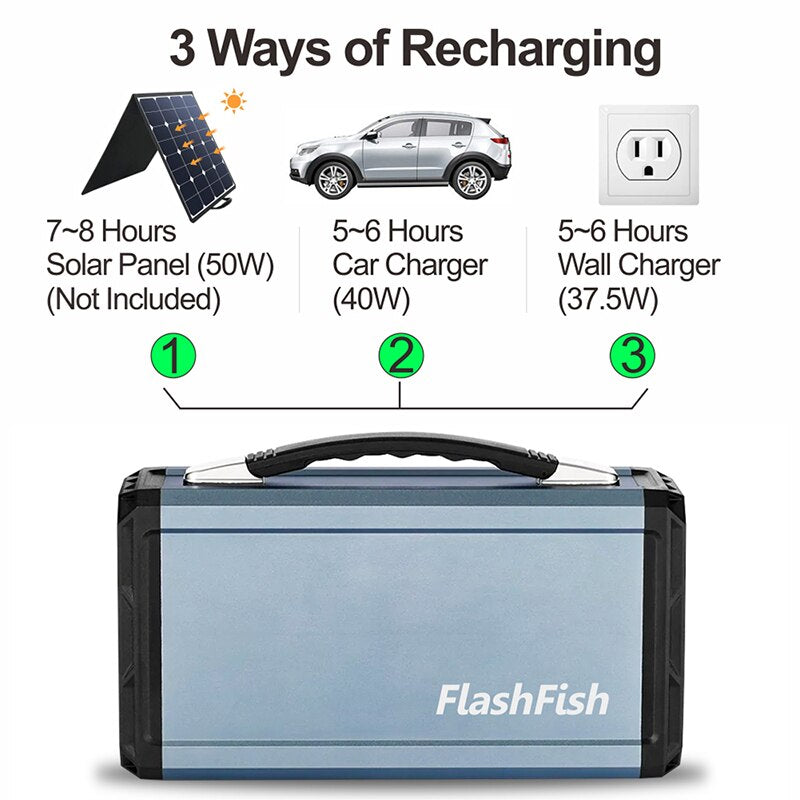 NEW 110V 300W Solar Generator FlashFish 60000mAh Portable Power Station CPAP Battery Recharged By Solar Panel Car Camping Travel