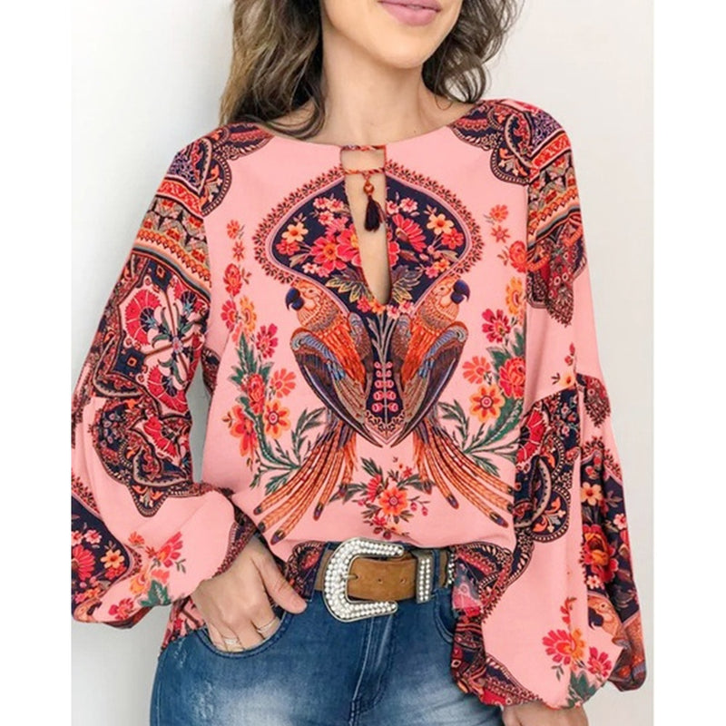 Jocoo Jolee Floral Print Lantern Sleeve Shirt 2019 Boho Blouse Sexy Lace Up Tassel O Neck Women Tops Spring Summer Chic Blouses