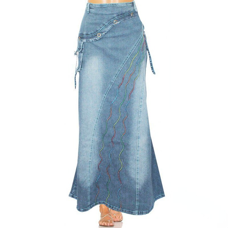Irregular Solid Ankle Length Skirt New Women Clothes Retro Literary Fan Stitching Large Swing Fishtail Denim Skirts Casual Style