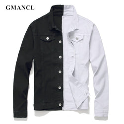 Men Streetwear Black white Two-tone Patchwork Slim Fit Jean Jackets motorcycle man Hip hop Cotton Casual Denim Jackets coats