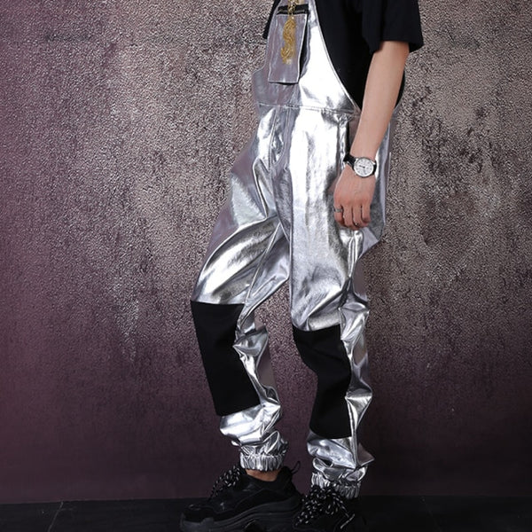Men Streetwear Silver Leather Overalls Metallic Jumpsuit Stage Costume
