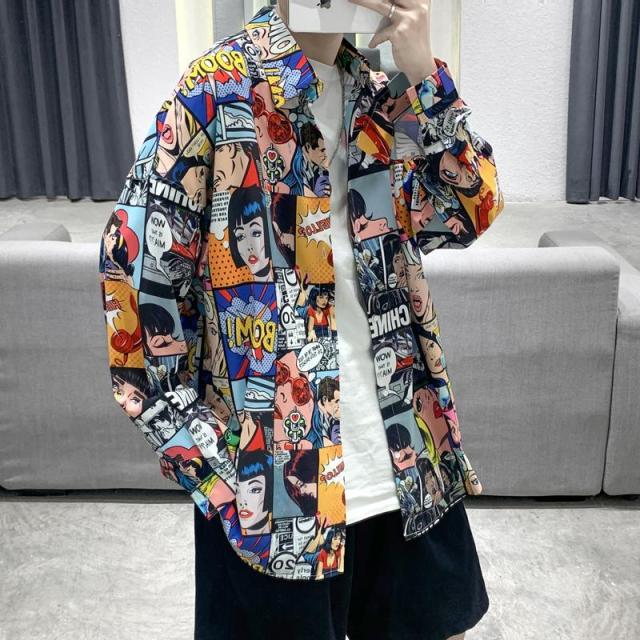 Mens Harajuku  Vintage Shirts 2021 Man Streetwear Printing Long Sleeve  Casual Button Up Shirt