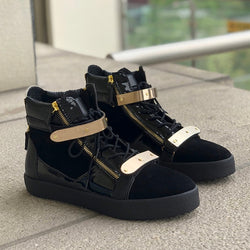 Fashion Black Velvet Sneakers Men Round Toe Gold Metal Decor High Top Flat Shoes Male Fashion Loafer Shoes